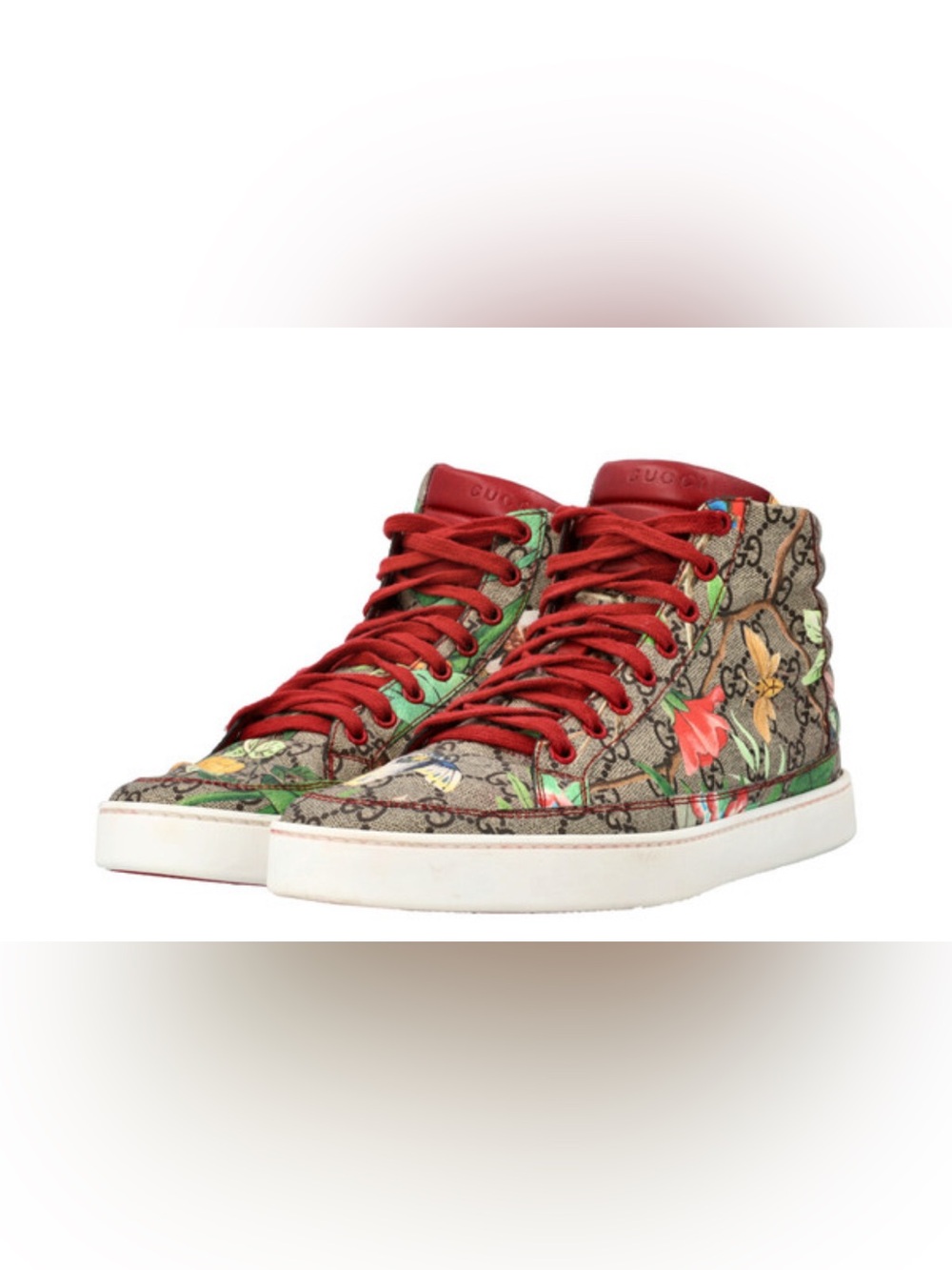 Gucci Beige GG Floral High-Top Sneakers with Red Accents
